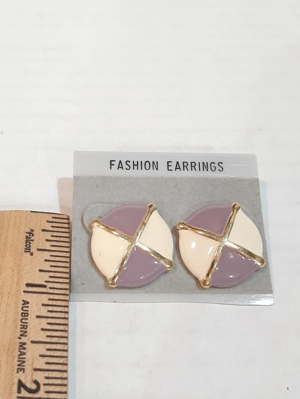 Vintage Purple Cream And Gold Tone Trim Enamel Fashion Earrings